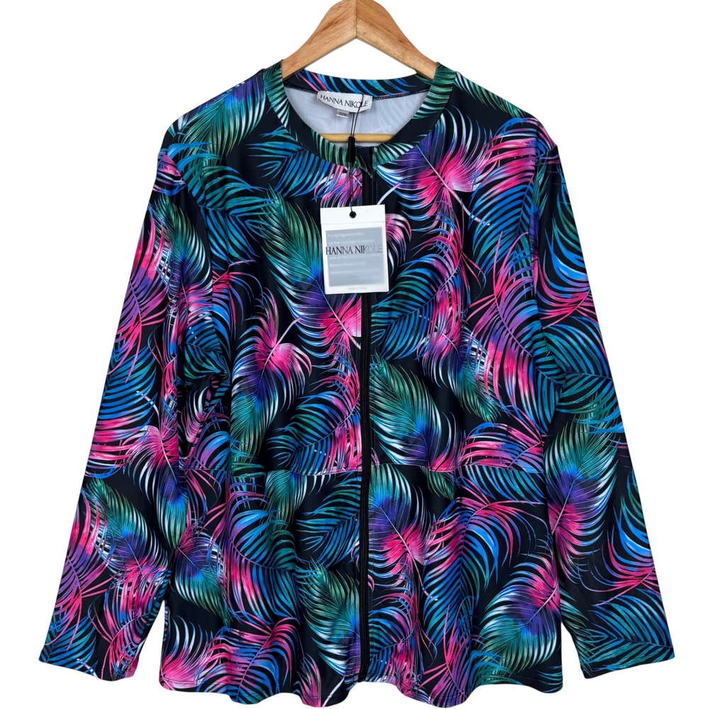 Hanna Nikole Tropical Full Zip Swim Jacket Womens 22W Multicolor Stretch Pockets
